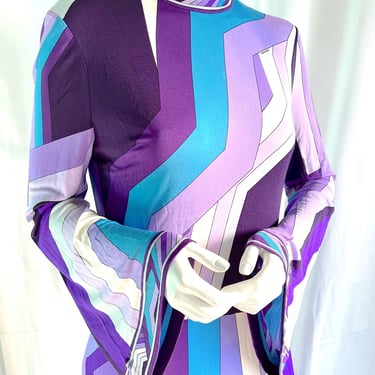 LEONARD of PARIS, 70s Documented Couture, 1970s Mod Maximalist Maxi Dress, 1960s Pucci Vibe, Vintage Resort Dress, Wedding Guest Dress, MOTB 