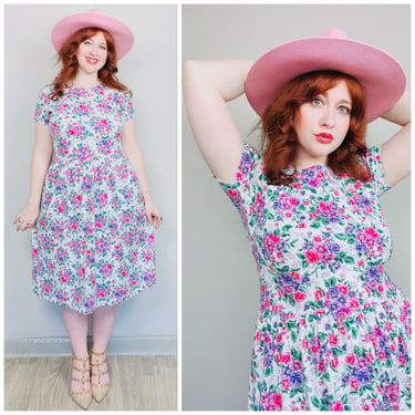 1990s Vintage Jersey Knit Floral Dress / 90s Cotton Pink Stretch Fit and Flare Day Dress / Medium - XL 