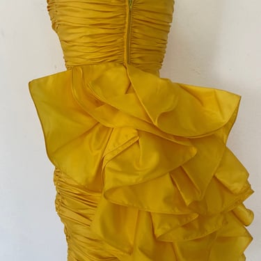 80s Julie Duroche After Five prom dress, yellow prom dress, puffy tail 80s prom dress, structural 90s cocktail party prom dress XS 0 2 