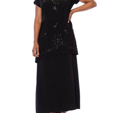 1940S Black Silk Faille Short Sleeved Midi Length Cocktail Dress With Beaded Shooting Stars 