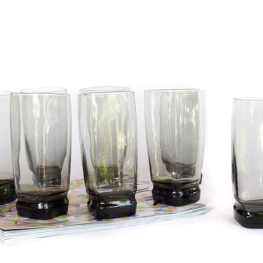 Vintage Set of 8 Libbey Carrington Smoke Glass Square Bottom Tumblers, Water Glasses, Iced Tea Glasses, Vintage Barware, Vintage Glassware 