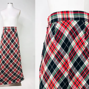 Vintage 1970s Handmade A Line Plaid Maxi Skirt Petite Tall XS 24" Waist | Tartan, Holiday, Christmas, Retro, Mod, Mid Century, School, Fall 