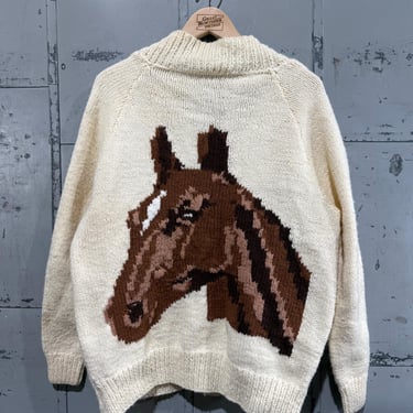 Vintage 70s Horse Cowichan Knit sweater horse handmade hand knit chunky heavy horse shoe horse girl 