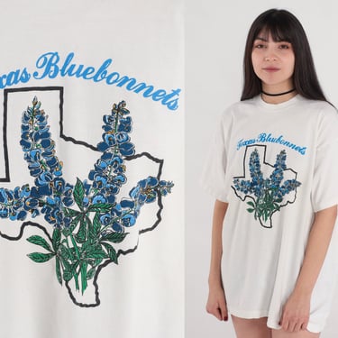 Texas Bluebonnets Shirt 90s Floral T-Shirt State Flower Graphic Tee Tourist Travel Boho Top Wildflower Single Stich White 1990s Vintage XL 