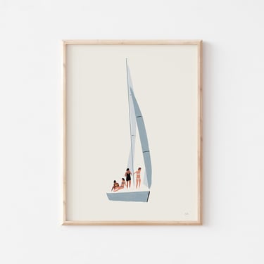 Sailboat Print, Sailing Gift, Sailing Art, Diverse Women Art, Minimalist Artwork, Beach Decor, Bathroom Wall Art 