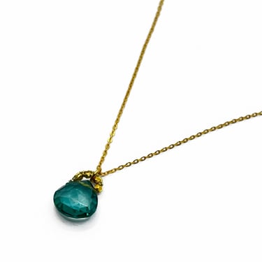 Danielle Welmond | Woven Gold Cord w/ 14kt Gold Vermeil Beads &amp; Aquamarine Quartz Drop on Gold Filled Chain
