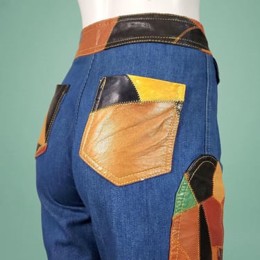 Patchwork leather jeans vintage 1970s by Laura. Quintessential hippie Woodstock Janice Hendrix wide bell bottoms flap pockets (25 x 31) 