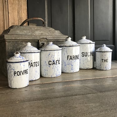 French Enamel Canister Set of 6, Pale Blue Marbled | Jan's Vintage
