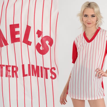 Mel's Outer Limits Shirt 80s Baseball Jersey Red White Striped Sheer Mesh T-Shirt Athletic Sports Top V Neck Ringer Tee Vintage 1980s Medium 