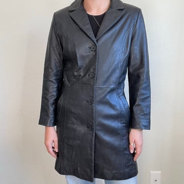 Vintage 90s Womens Adler 100% Leather Black Minimalist Mid Length Coat Petite S 