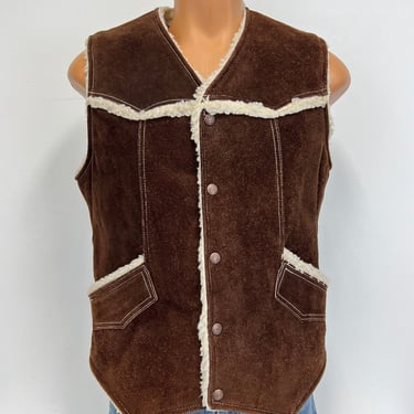 Vintage Suede and Sherpa Trucker Vest | 1970s Men's Brown Vest | Size Tall Medium 