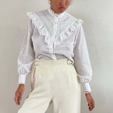 70s Victorian blouse / vintage white cotton lace ruffled yoke high 