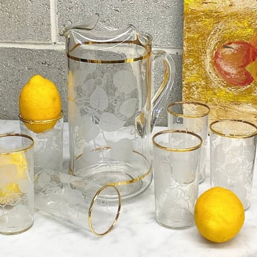 Vintage Pitcher and Glass Set Retro 1960s Mid Century Modern + Clear Glass + Gray Flower and Leaf Design + Gold Trim + 7 Piece Set + Barware 