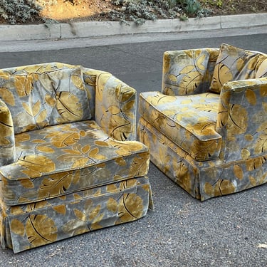 Mid-Century Geometric Velvet Swivel Chairs - Circa 1960s 