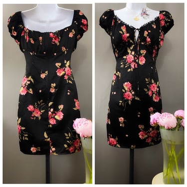 pink rose print mini on black satin cap sleeve cocktail party dress med 