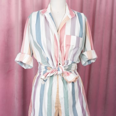 Vintage 80s Brandi Pastel Rainbow Stripe Oversized Shirt and Matching Short Set 