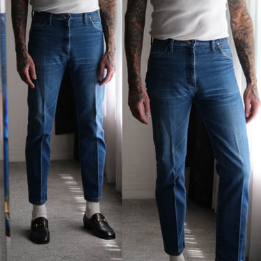 Vintage 80s WRANGLER Medium Indigo Distressed Whiskered Wash Zip Fly Jeans | Size 32x31 | UNISEX | 1980s WRANGLER Designer Slim Denim Pants 