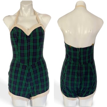 1950's Blue and Green Plaid Bathing Suit Size M