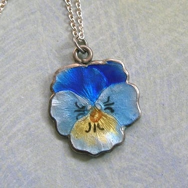 Vintage Sterling Silver and Enamel Pansy Necklace, Silver Pansy Pendant, Vintage Sterling Silver Pansy Pendant Necklace (#4512) 