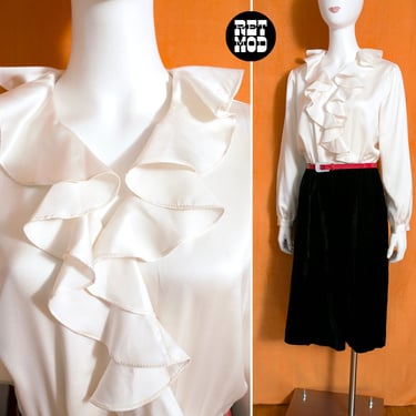 Iconic Vintage 60s 70s Black Velvet White Satin Ruffle Dress 
