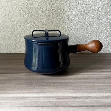 Vintage Dansk Enamelware by Jens Quistgaard, Kobenstyle Blue Teak Wood Handle, Enamel Butter Warmer or Sauce Pot with Lid 