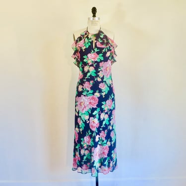 1930's Style Blue Pink Rose Floral Print Silk Bias Halter Dress Ruffle Neck Art Deco Flapper 30's Tea Dresses Ralph Lauren Size 10 Medium 