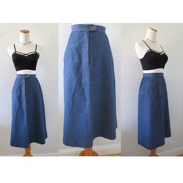 Vintage Denim Midi Skirt - High Waisted Jean Skirt with Pockets - Size Large - 31" Waist 
