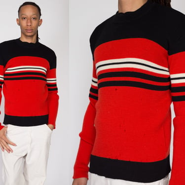 Sm-Med 70s Red & Black Striped Wool Knit Ski Sweater | Vintage Fitted Color Block Pullover Jumper 