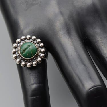 Fred Harvey era sterling flawed green turquoise size 5.75 ring, 40's stamped 925 silver floral railroad jewelry 