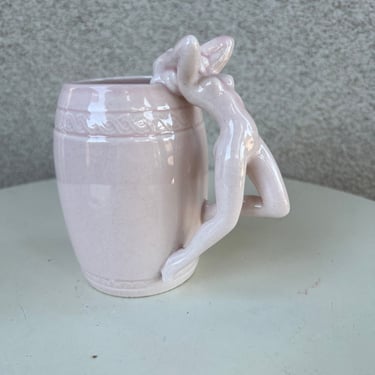 Vintage barware tiki mug soft pink ceramic woman nude handle holds 10 oz. 