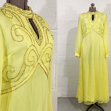 Vintage Yellow Maxi Dress Beaded Bodice A-Line Sheer Long Sleeves 1960s Mod Lane Bryant Formal Prom Hostess Gown Large XL 