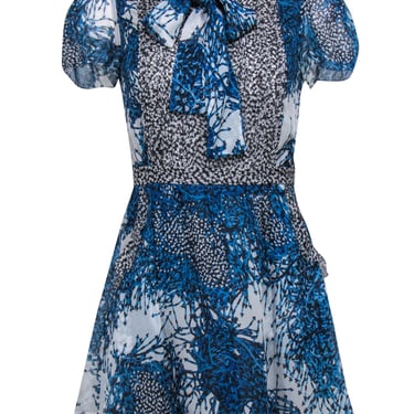 Diane von Furstenberg - Blue & White Bead Printed Ruffled Tie Neck Dress Sz 0
