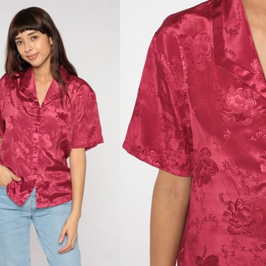 Raspberry Floral Blouse 90s Asian Inspired Top Boho Button Up Flower Shirt Retro Bohemian Hippie Short Sleeve Vintage 1990s Red Small Medium 