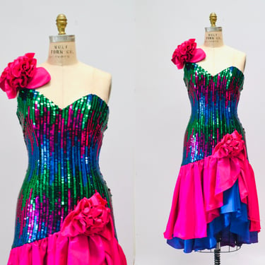 80s Prom Dress Black Blue Pink Sequins Ruffles Size XS SMALL// Vintage 80s Party Dress Size XS Small Black Blue Pink Alyce Designs 