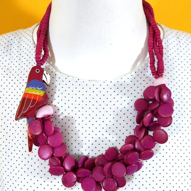 Fabulous Vintage 80s 90s Magenta Pink Hand-Painted Parrot Statement Necklace 