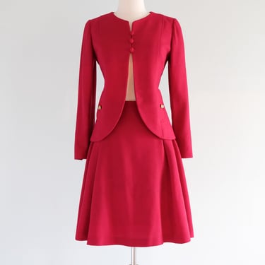 Vintage 1960's Rose Red Wool Suit by Saks Fifth Ave. / S