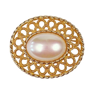 Christian Dior 1980s Vintage Iridescent Faux Pearl Gold-Tone Brooch 