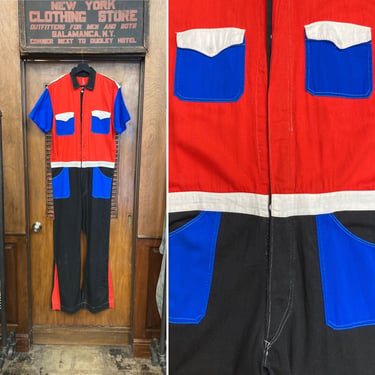 Vintage 1960’s Amazing Mod Colorblock Glam Drag Racing Cotton Twill Outfit Coverall Jumpsuit, Vintage Colorblock, Coveralls, Jumpsuit, 1960s 