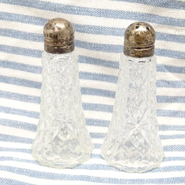 Antique Small Indivudual American Cut Glass  Salt and Pepper Shakers with Sterling Silver Tops 