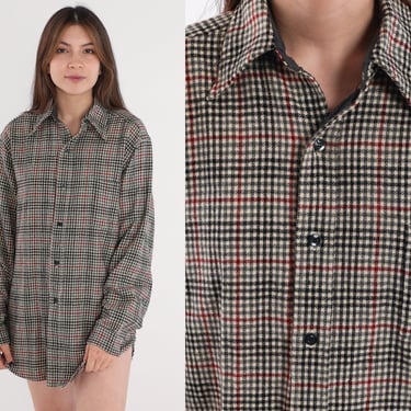 Pendleton Wool Shirt 90s Checkered Button up Gingham Houndstooth Print Flannel Long Sleeve Black White Red Green Vintage 1990s Mens Medium M 