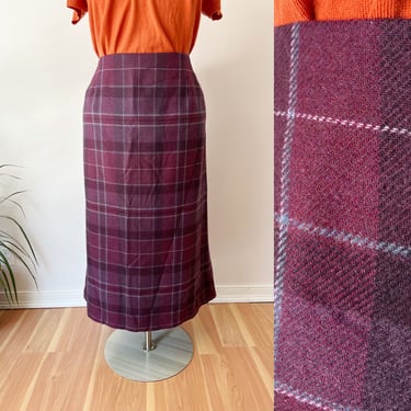 SIZE 2X / 3X Vintage Plaid Pencil Skirt / Purple Brushed Fleece Pencil Skirt / Vintage Knee Length Skirt Soft Plus Size 