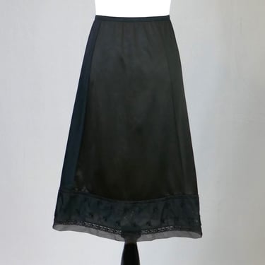 60s Black Half Slip - Nylon Skirt Slip - Lace Trim Hem - Philmaid - Vintage 1960s - L XL 