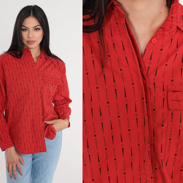 90s Shirt Red Button Up Collared Shirt Long Sleeve Top Circle Dot Arrow Print Retro Pattern Casual Blouse Cotton Vintage 1990s Medium M 