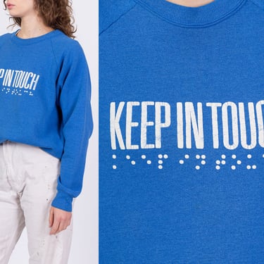 80s Braille "Keep In Touch" Sweatshirt - Men's Large, Women's XL | Vintage Unisex Blue Graphic Raglan Sleeve Pullover 