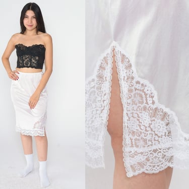 White Lace Slip Skirt 80s Nylon Midi Lingerie Skirt Side Slit Half Slip Retro Pinup Elastic Waist Romantic Pin Up Vintage Plain Small 