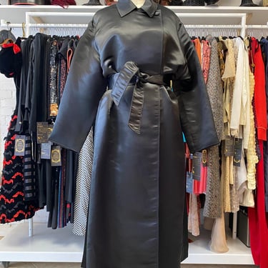 vintage 1990s black silk coat, by jax, minimalist style, xl, 60s style, formal 