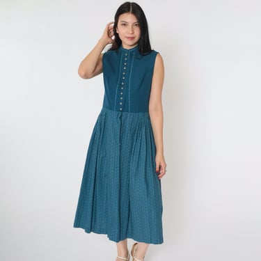 Vintage Dirndl Dress Blue Cotton Oktoberfest Sleeveless German Folk Dress Button Up High Collar Striped Pintuck Pleated Midi 1980s Medium 40 