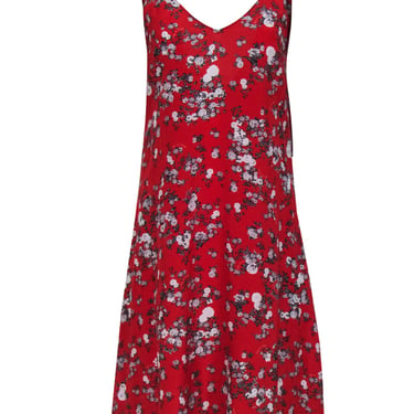 Rag &amp; Bone - Red &amp; Grey Floral Print Sleeveless Silk Midi Dress w/ Asymmetrical Hem Sz XS