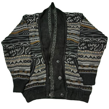 Vintage 90's Coogi Style Cardigan Sweater for men | 3D Colored | Cable Knit Sweater | Shawl Collar Textured Pattern | Size XL 