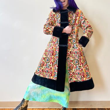 60’s Amazing Rainbow Tufted Tapestry Chenille Coat Black Faux Fur